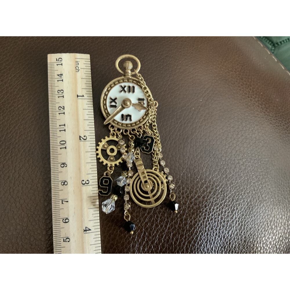 Museum Retro Clock Earrings Gold Chain CZ Steampunk Statement Art Boho Gear VTG - Picture 9 of 9